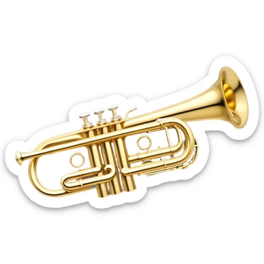 Create a sleek and professional emoji representing a Stomvi trumpet. The design should showcase the shiny, polished brass body of the trumpet with its distinct bell, valves, and tuning slides. Highlight the intricate keywork and the valve pistons, with detailed metallic accents and subtle reflections on the surface. The mouthpiece should be visible at the top of the instrument. Use golden and brass tones with light reflections to emphasize the smooth, high-quality finish. Add a few musical notes floating around the trumpet to evoke its bright and resonant sound. The background should be transparent. sticker