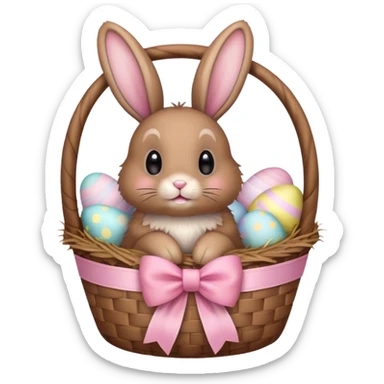 Floppy-eared fluffy brown bunny with a bow, sitting in a pastel Easter basket sticker
