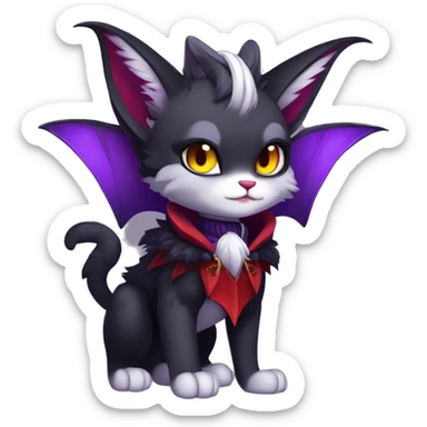 Anthro-Cute-Edgy-Cool-Vampiric-Batty-Cat-Black-Purple-Red-Grey-White-Yellow-Contrast-Colors-Fantasy-Fur-Sona-Chibi-Shiny-Fakémon-Hybrid with horns and fangs and collar full body sticker