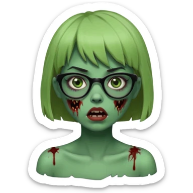 faça uma menina zumbi,da cor verde,com o cabelo curto,até o pescoço,franja,óculos pretos médios,olhos escuros,boca meio aberta e alguns machucados pelo rosto sticker