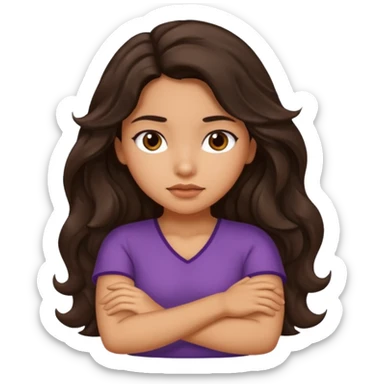 Hispanic girl with long dark brown wavy hair crossing her arms and slightly pouting sticker