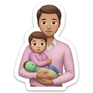 A father with neatly combed chestnut-brown hair, wearing a white button-up shirt and light khaki pants, holding his child close. The child has silky dark hair and a pale pink sweater. Bright natural light, clean and gentle mood. sticker