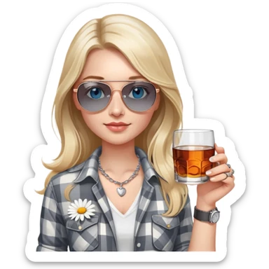 girl
blue eyes
long blond hair with daisy in it
wearing grey/white plaid shirt
wearing aviator sunglasses
wearing silver necklace around her neck
holding a glass of whiskey 
wearing rose gold apple watch  sticker