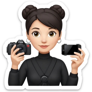 middle aged woman photographer with dark hair in a bun, wearing black clothes, carrying a canon r5 and an iPhone on a gimbal sticker