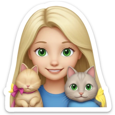 blonde girl with long blonde hair and blue eyes with chubby gray cat with big green eyes sticker