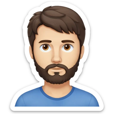 Caucasian man with wavy dark brown hair styled loose with wavy fringe, medium-length wavy hair, short full beard, neutral serious expression, simple blue shirt sticker