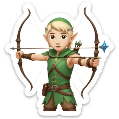 elf male archer aiming at target, summer leather gear, bow, pointy ears, determined look, sand dune backdrop, centered emoji sticker