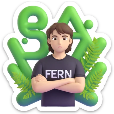 Brunette anime man leaning to the side with arms crossed, standing in front of green bubble letters that say 'The Fern'. He wears a black t-shirt, no jacket, medium-length brown hair, and has an expressive anime face. Maintain a thick, soft, cheerful, 3D vibe in 3D Emoji style. sticker