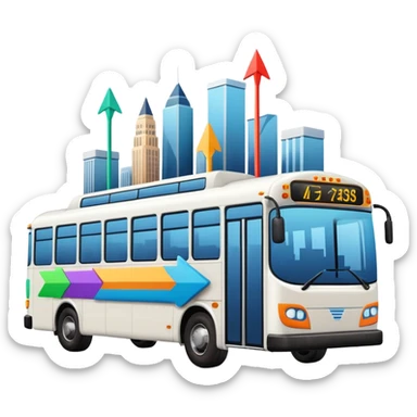 modern bus at a 45-degree angle with three colorful arrows pointing to city icons, no skyline sticker