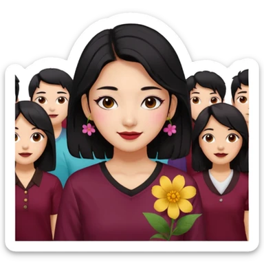 A Korean woman with messy and stylish black hair, a flower in her ear and an iconic Y2K shirt maroon and brown hazel eyes, makeup sweetie,A Style Vibe in the Crowd sticker