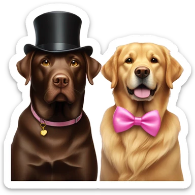 A chocolate lab with a pink bow on her head sitting next to a golden retriever big brother who has a top hat on  sticker