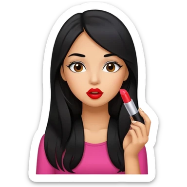 Girly girl young, tanned long black hair, putting on lipstick sticker