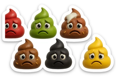emoji stile iphone 3d di una cacca di colore rosso, una cacca di colore verde, una cacca di colore marrone con muco bianco visibile sopra,  una cacca di colore marrone con penne di pasta a pezzetti visibili all'interno di essa,  una cacca di colore nero e una cacca di colore giallo, tutte le cacche hanno un espressione triste, iperrealistiche 4k sticker