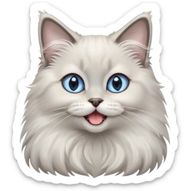 Cinematic Adorable Fluffy Light Grey Mantle Ragdoll Cat Portrait Emoji, Head tilted cutely with big, sparkling blue eyes, soft light grey fur with darker points on the ears, face, and paws, Simplified yet irresistibly adorable features, highly detailed, glowing with a soft, warm glow, high shine, yawning in a peaceful and playful manner, stylized with a touch of whimsy, bright and endearing, soft glowing outline, capturing the essence of a relaxed and loving kitten, so cute it feels like it could leap out of the screen and stretch into a cozy nap! sticker
