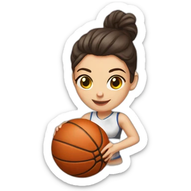 White skin brunette female playing football with very small basket ball sticker