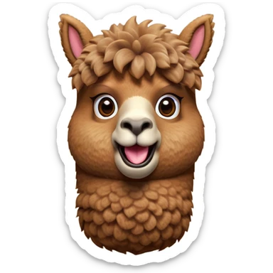 Cinematic Comical Brown Alpaca Portrait Emoji, Head tilted dramatically with an exaggeratedly amused expression, featuring a striking, plush brown fleece with playful texture, wide, expressive warm eyes filled with playful disbelief, Simplified yet hilariously expressive features, highly detailed, glowing with a slightly sassy glow, high shine, dramatic yet playful, stylized with an air of cheeky mischief, bright and endearing, soft glowing outline, capturing the essence of a spirited and over-the-top alpaca, so meme-worthy it feels like it could side-eye its way into internet fame instantly! sticker