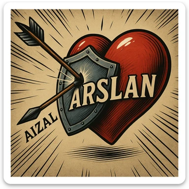 Add the name 'Aizal' written clearly and legibly on the arrow and the name 'ARSLAN' written clearly and legibly on the heart, keeping the same style and composition as the original image. The text should be readable and integrated naturally with the existing elements. sticker