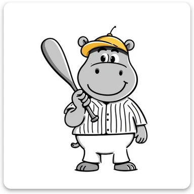 hippo holding a baseball bat, wearing a yellow helmet, pinstripes outfit sticker
