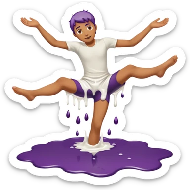 Barefeet balancing in white paint puddle with eggplant  sticker