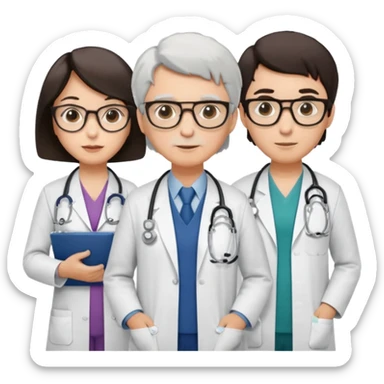Four doctors standing together:

a female doctor with dark-colored short bob hair,

a young male doctor,

an older male doctor with white hair wearing glasses,

and a female doctor wearing glasses. sticker