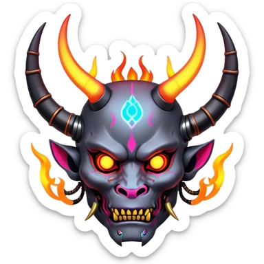 Cyberpunk Oni A futuristic demon with glowing neon tattoos, mechanical horns, and digital flames sticker