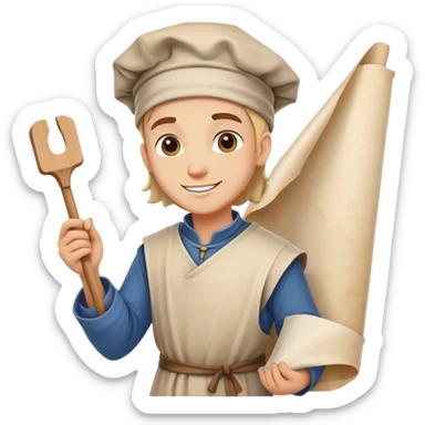 happy apprentice painter with big rolled up parchment, medieval age sticker