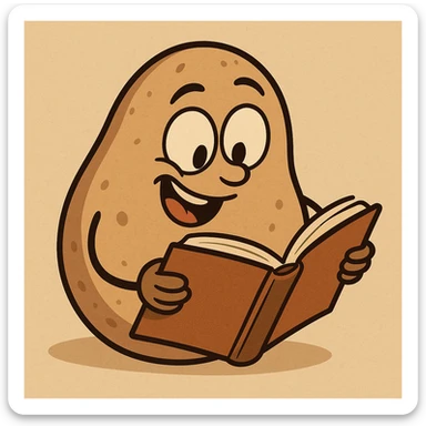 a playful potato reading a book, cartoon style, playful expression sticker