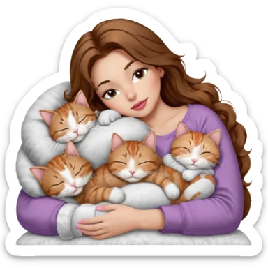 girl with long wavy brown hair, brown eyes, long lashes makeup, sexy pink lips, light to medium complexion,  sleeping on a cozy pillow, with 6 cats: 1 brown and white tabby cat, 1 ginger and white, 2 grey and white, 1 grey has white mittens and small white patch on its chest and 1 calico, sleeping sticker