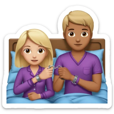 a blonde girl holding handcuffs with her brown haired boyfriend in bed  sticker