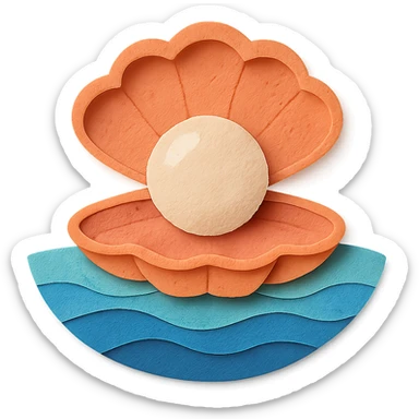 clam with a large pearl, ocean background, layered paper effect, paper-craft style sticker