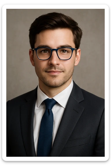portrait of a young white man with brown hair, wearing blue-framed glasses and a business suit, confident and trustworthy expression sticker
