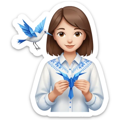 A happy Ukrainian young girl with brown hair in a white embroidered shirt holds an origami blue crane sticker
