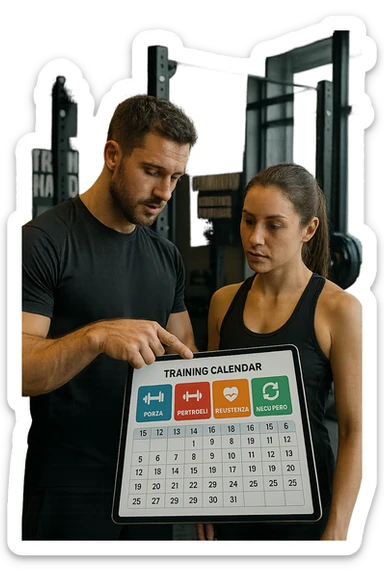 realistic cinematic photo a personal trainer and a client stand in a modern gym, reviewing a large, color-coded training calendar or chart on a tablet. The calendar shows different phases (Forza, Ipertrofia, Resistenza, Recupero) with icons and dates. Around them, gym equipment and motivational posters reinforce the idea of structured, periodized training. in italiano sticker