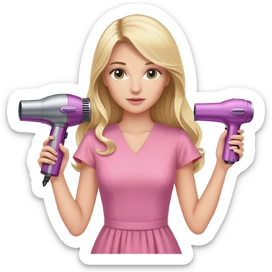 blonde woman with long hair and swamp-colored eyes in a pink dress holding a Dyson hair dryer sticker