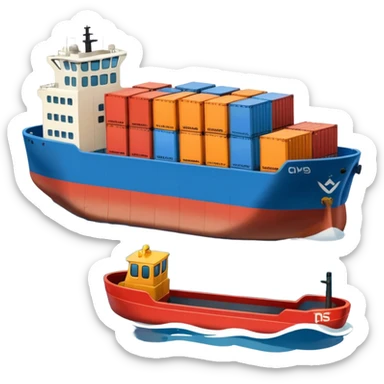 top view of a cargo ship, a truck, and a company building side by side, clear symbols, friendly colors, neutral background sticker