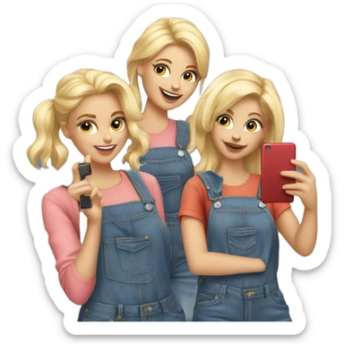 Four blonde ladies in denim overalls, taking a selfie sticker