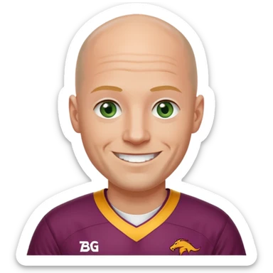 young-ish 50 year old man dressed in a brisbane broncos jersey, bald head, fair skin, happy face, blueish green eyes sticker