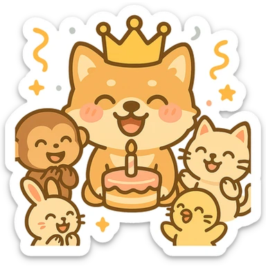 Add party guests around the dog, keeping the chibi sticker style, festive and cheerful, with no background. sticker