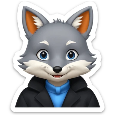 Grey anthropomorphic furry fox with a black coat, blue eyes, and a small fringe of black hair in head, smiling sticker