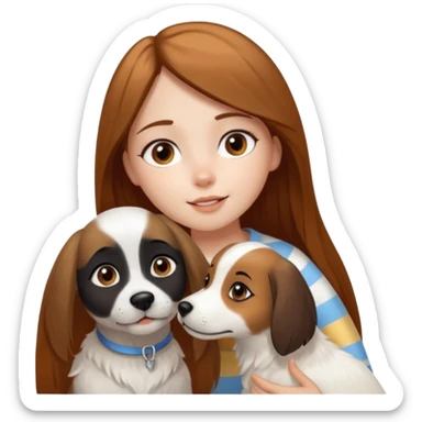 girl with white skin, brown eyes, long straight brown hair, petting a white dog with a black face, stripe down the middle, and brown and caramel brown spots on the sides of the mouth sticker