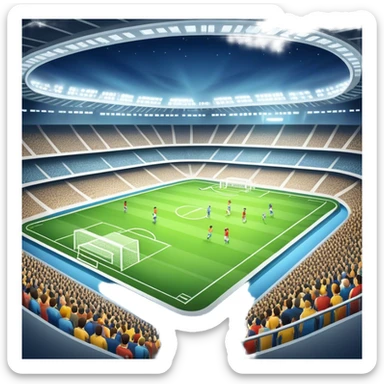 An icon featuring a large stadium with a football match in progress, players in action on the field, and a cheering crowd in the stands. Bright floodlights illuminate the pitch, creating an intense atmosphere of competition. The transparent background highlights the thrill of live sports events. sticker