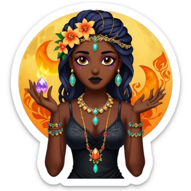 Multicolored gloomy moonshine dark edgy spooky hot warm badass realistic floral exotic Falvie-Fionbri-animal, full body, wearing jewelries sticker