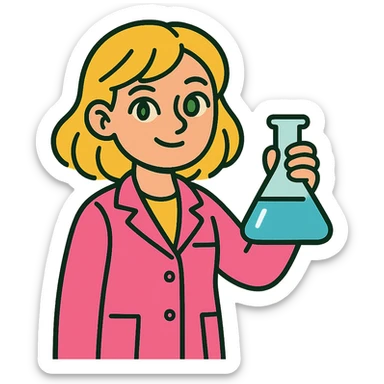 blonde girl with green-grey eyes, wearing a pink lab coat, holding a flask sticker