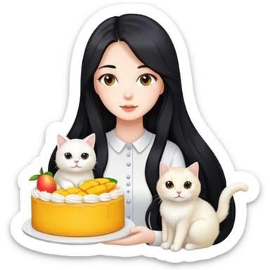 A beautiful girl with long black hair holding a mango cake and a white long-haired cat sticker