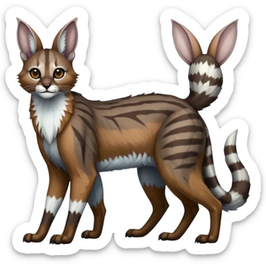 Realistic patterned marked edgy greyish blackish whitish silvery coppery Shiny Colorful Glossy Genet-Caracal-Lion-Bunny-Bobcat-fusion-animal-hybrid-creature, full body, big-tufted-bat-ears, long-thin-tufted-white-tipped-tail sticker