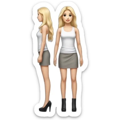 hyperrealist caucasian, long blonde hair, brown eyes, woman, white strap tank top, gray tight mini skirt, black high heels, full body sticker