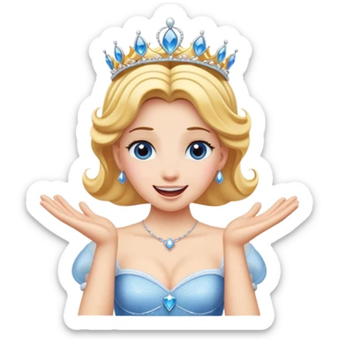 Cinematic Playful Cinderella Portrait Emoji, Blushing with excitement, hands clasped near her heart, eyes wide with anticipation, her tiara slightly askew from an unexpected twirl, a radiant princess caught in a moment of joy, utterly captivating! sticker