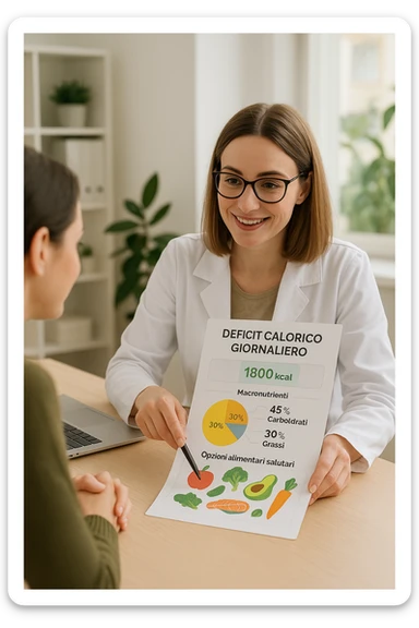 a nutritionist sits at a desk with a client, showing a personalized meal plan and a chart that clearly displays the client’s specific daily caloric deficit. The nutritionist points to the chart, which includes recommended calories, macronutrient breakdown, and healthy food options. The mood is professional, supportive, and educational. scritte in italiano sticker