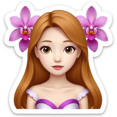 Asian girl with long golden brown hair white skin makeup natural with orchid white/pink only on her left ear, her dress is white  coquette  sticker