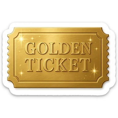 a golden ticket with sparkles and shine, shiny gold, embossed details, reflective, luxurious sticker